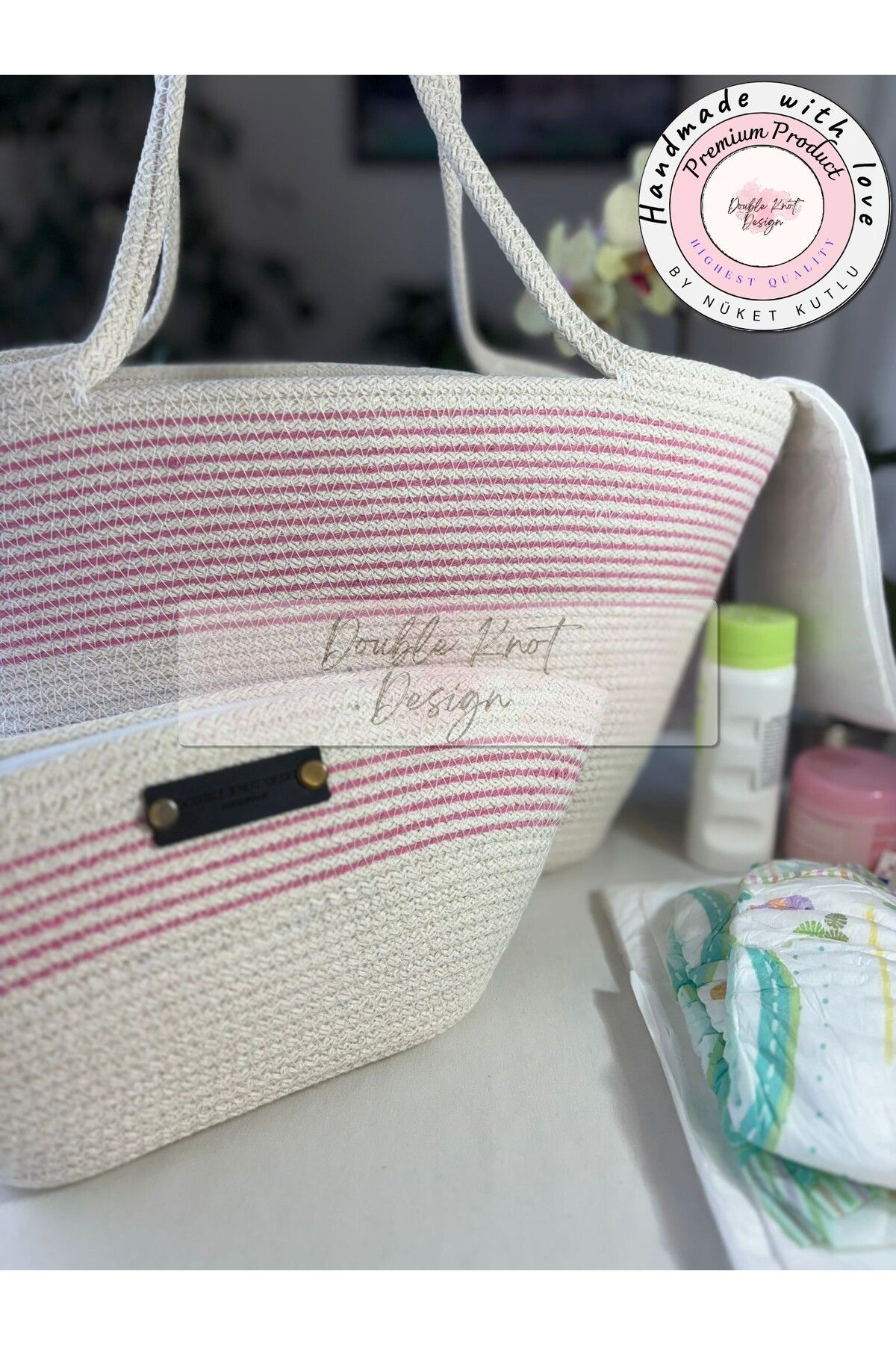 DOUBLE KNOT DESİGN BABY 2li Takım Bebek Bakım Çantası,El ÇAntası Clutch Kadın Çanta,Hediyelik, hasır Tres