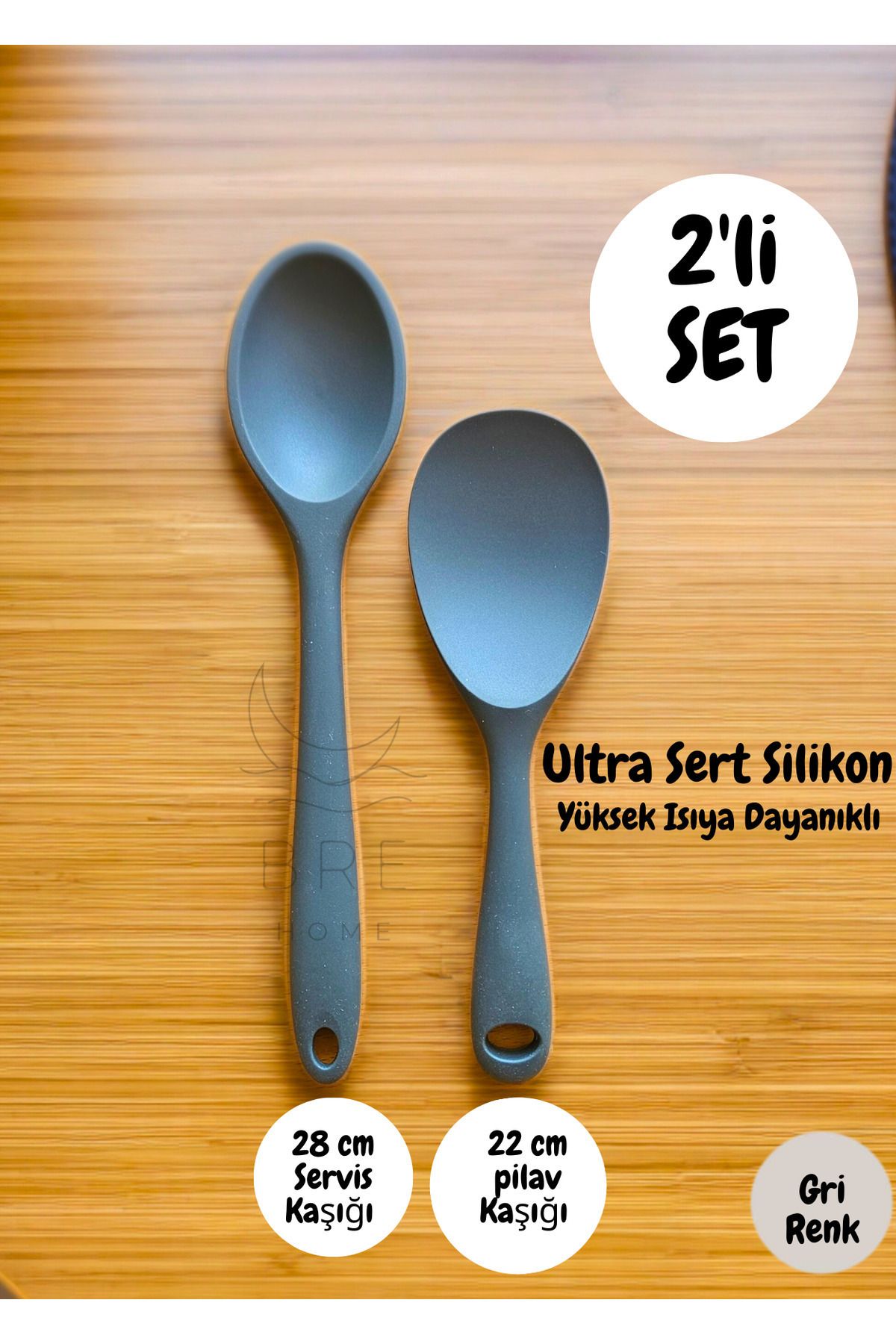 Home 2’li Silikon Kaşık Seti Gri | Yanmaz Yapışmaz Isıya Dayanıklı | Servis Pilav Kaşığı 28 Cm - 22 Cm