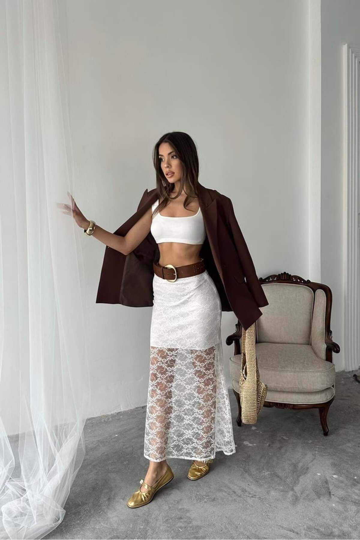 Castivo Fashion Beyaz Dantel Detaylı Transparan Uzun Etek
