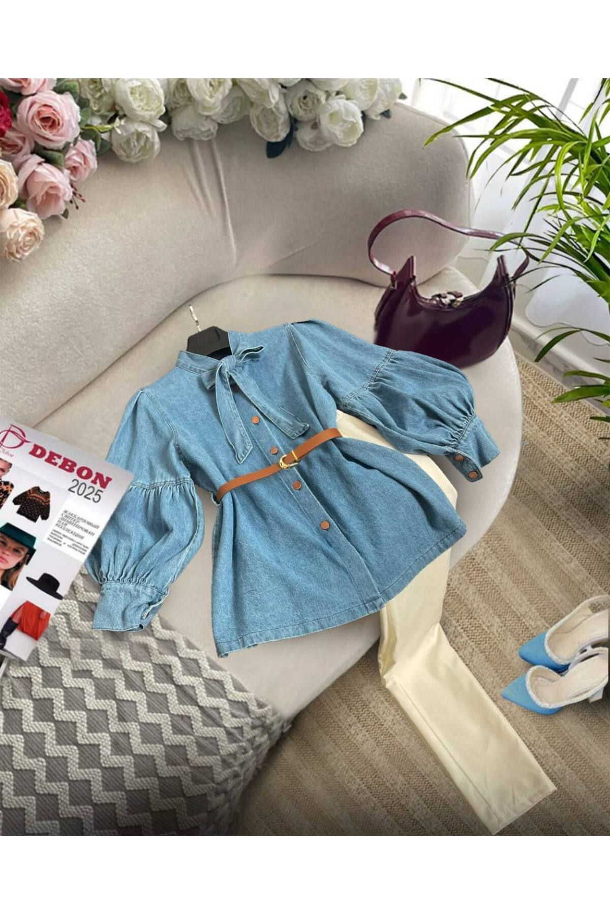 zümrüt moda yakası kravat detaylı ceket ve pantolon , ikili kot takım 1805