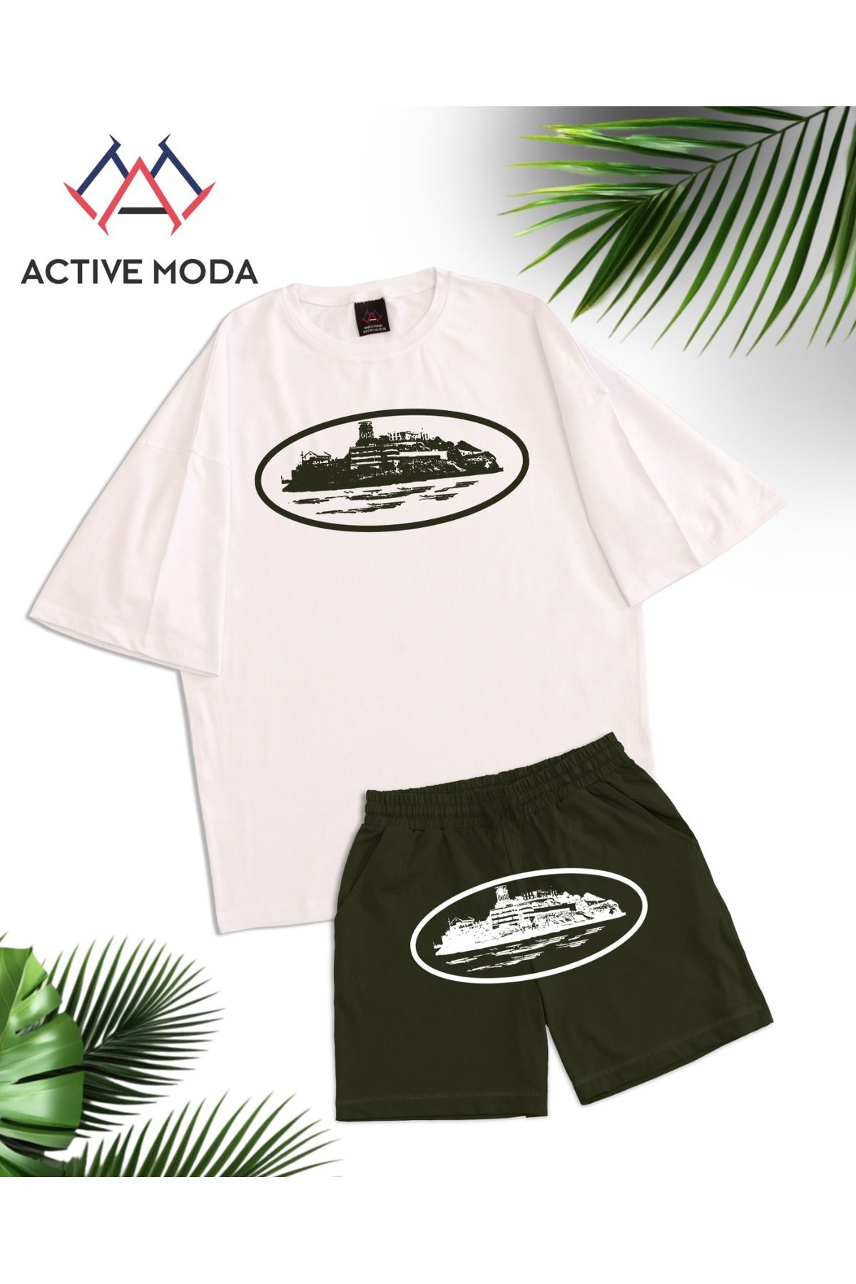 ACTIVE MODA -ERKEK KISA KOLLU Corteiz BASKILI KISA KOLLU TSHIRT-ŞORT TAKIMI 2Lİ BÜYÜK BEDEN PAMUKLU