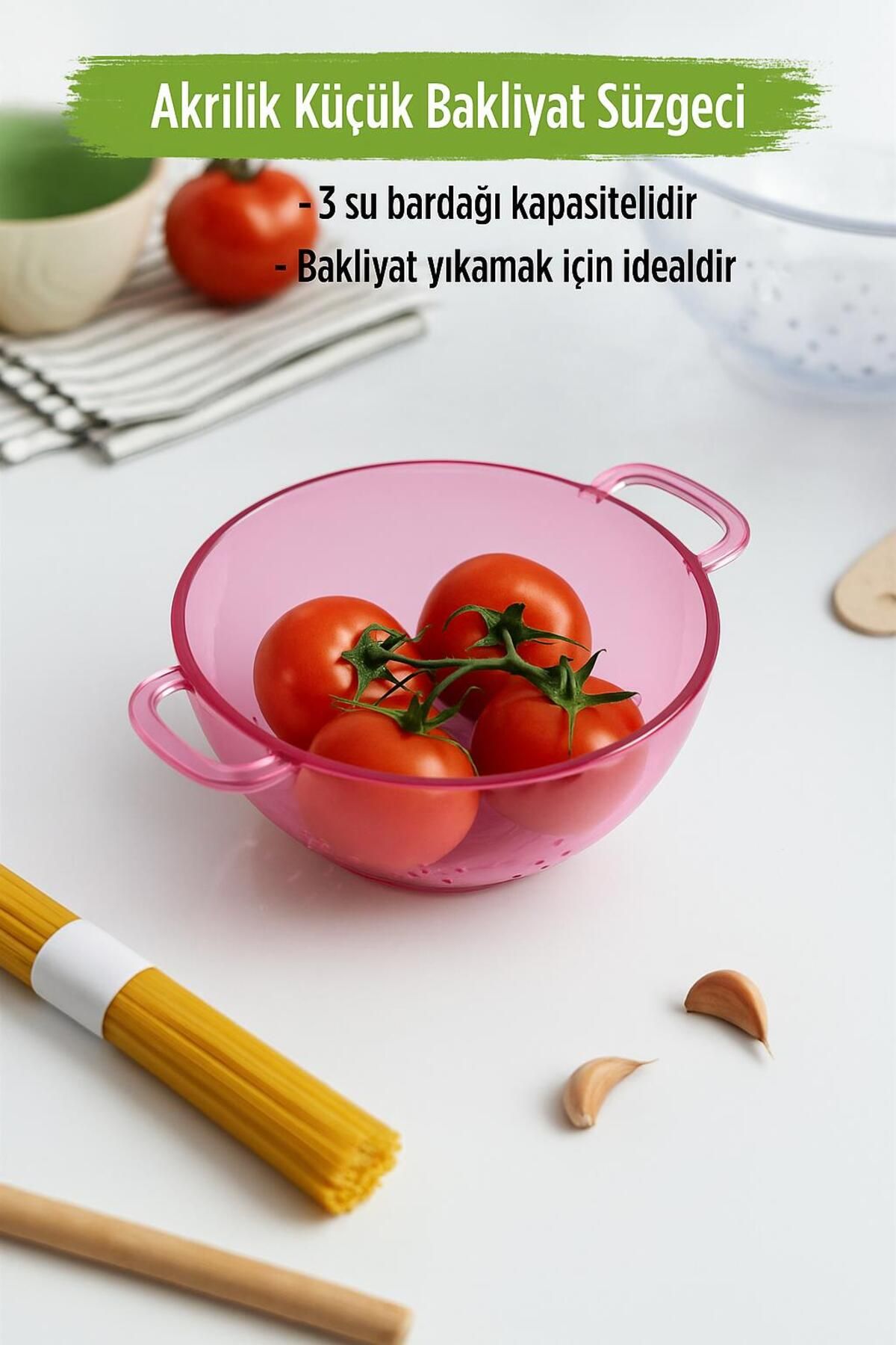 EWs Akrilik Pembe Mini Pirinç Süzgeçi & Bakliyat Süzgeçi (3 SU BARDAĞI ÖLÇÜLÜ)