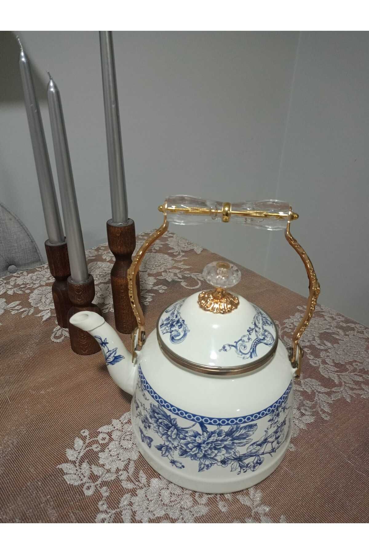 ÖNEM EV TEKSTİL Vintage Blue Emaye Kettle Emaye Beyaz Gold Kristal Detaylı Emaye Kettle 20 Cm