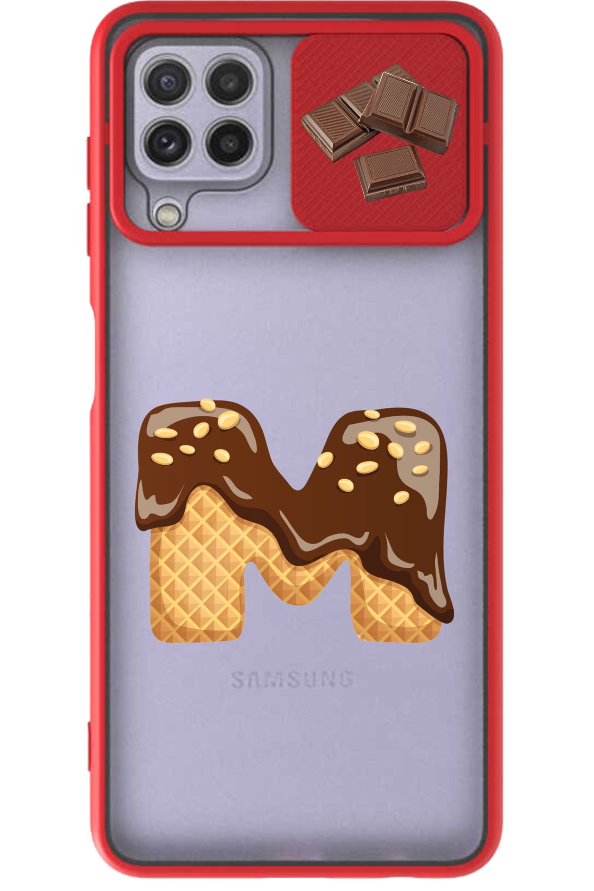 Rotaks Samsung Galaxy A22 - M22 - M32 Uyumlu Kılıf Sürgülü Slayt İsme Özel Çikolata Harf Baskılı