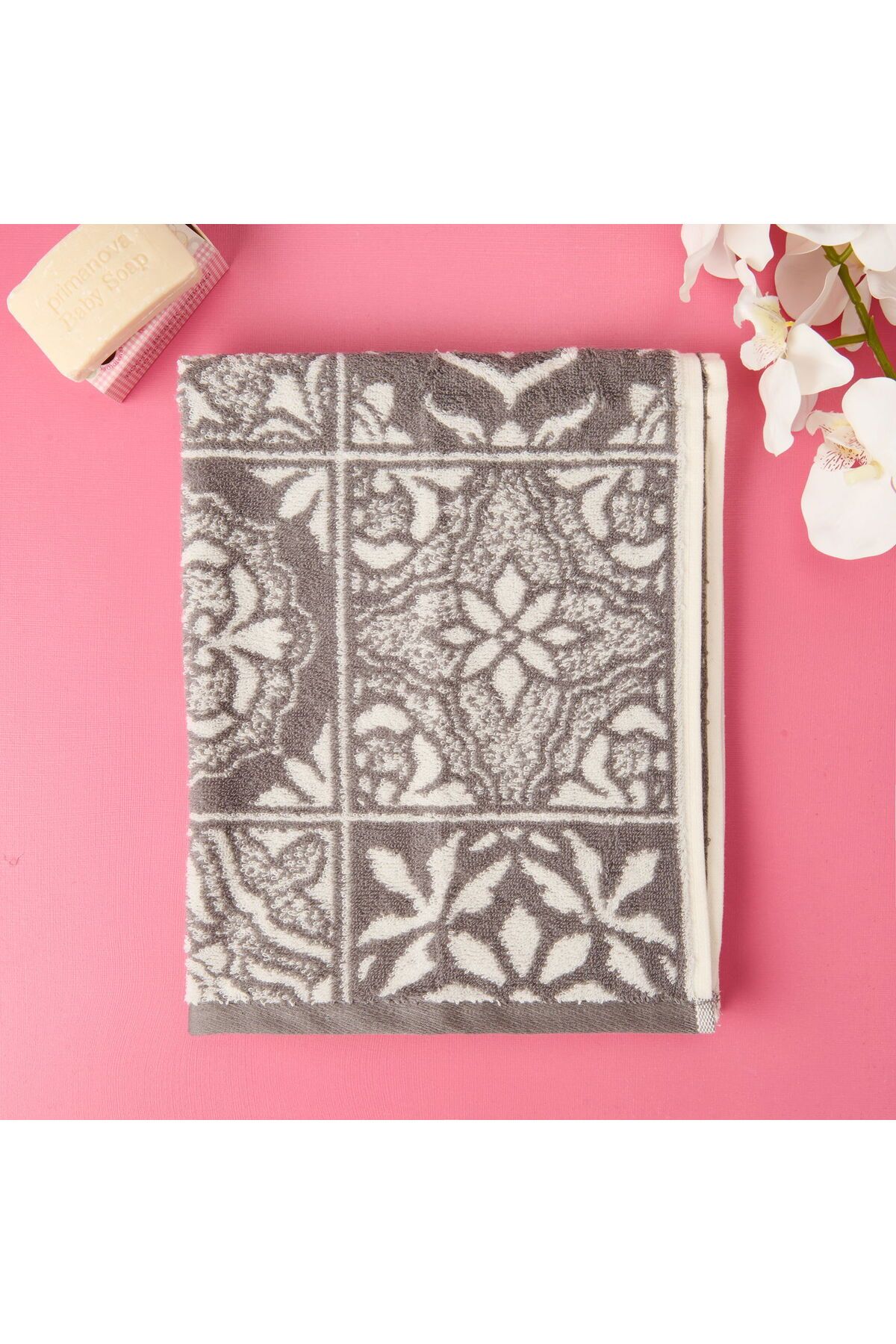 MATMEL Motifli İpliği Boyalı Yüz Havlusu - Gri - 50x100 cm