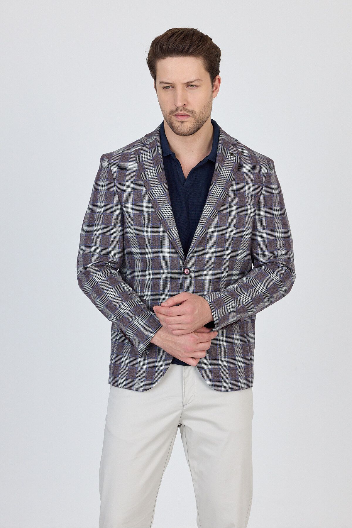 Frappoli Vegas Erkek Bordo-Mavi Ekose Polyester Kumaşlı Spor Blazer Ceket