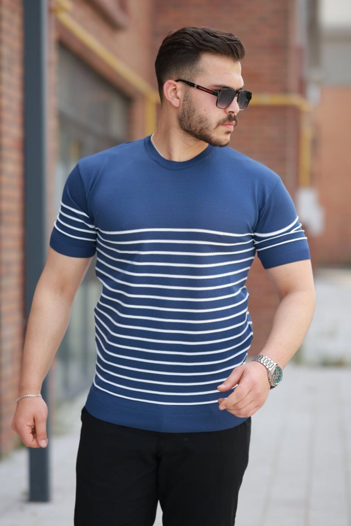 ASFSTORE Erkek çizgi Desenli Bisiklet Yaka Kısa Kollu T-sihrt