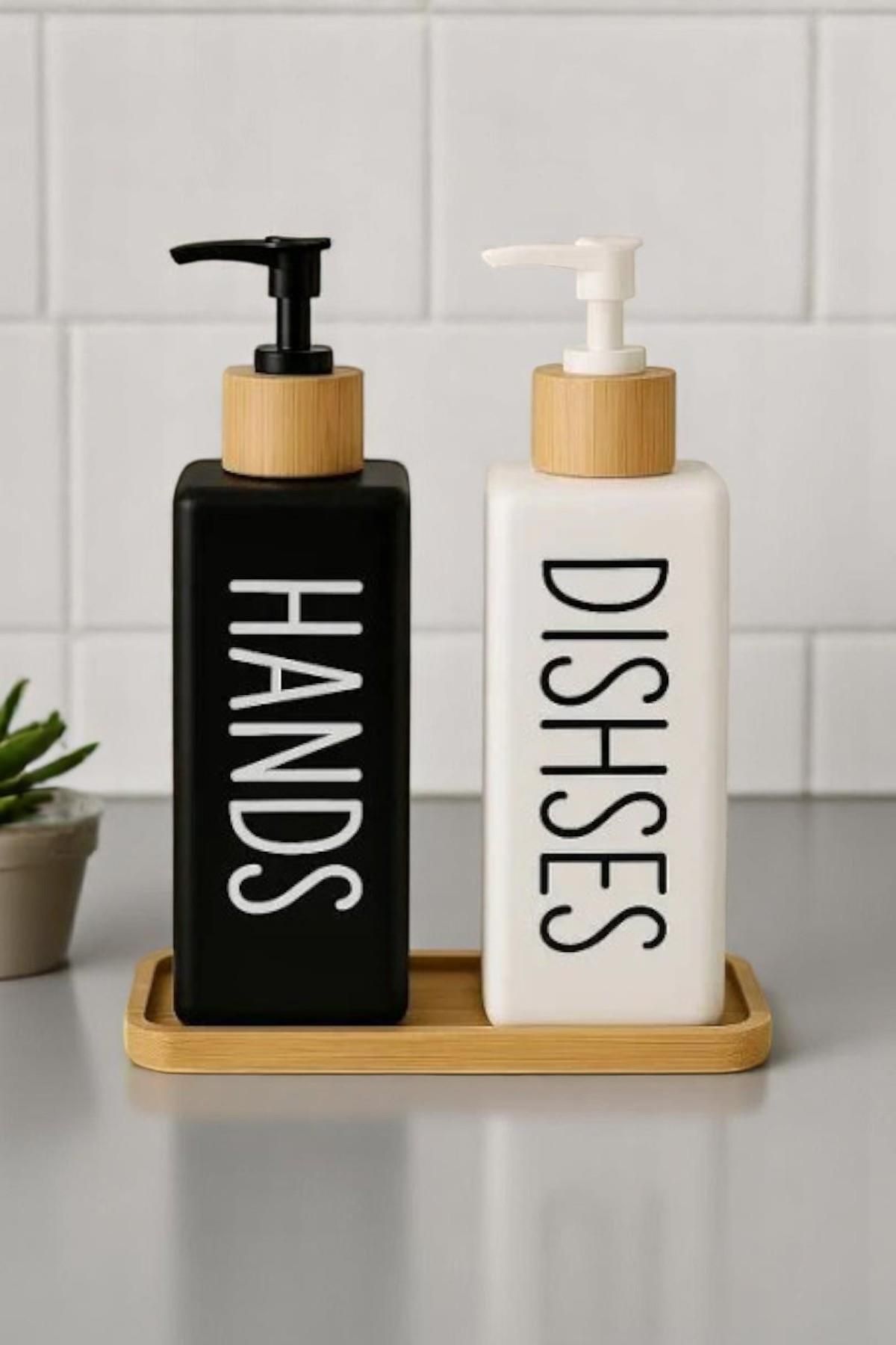 ALBETTO 2’li Hands Dishes Soft Dekoratif Mutfak Banyo Sıvı Cam Sabunluk Seti 500ml Bambu Stantlı Set