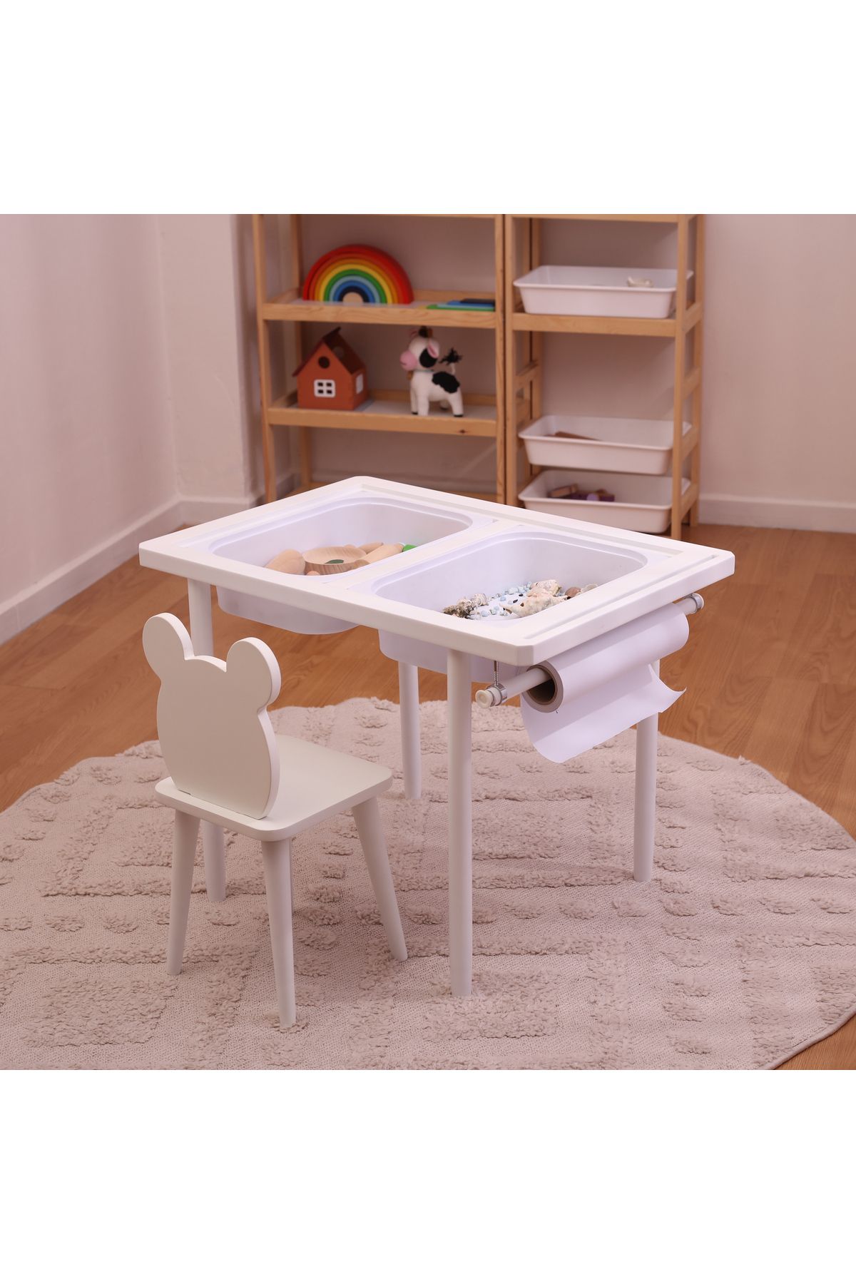 Monti Mania Montessori MDF Beyaz Aktivite Masası 2 Sepet Beyaz/Kara Tahtalı Rulo Kişiselleştirilebilir 2-6 Yaş