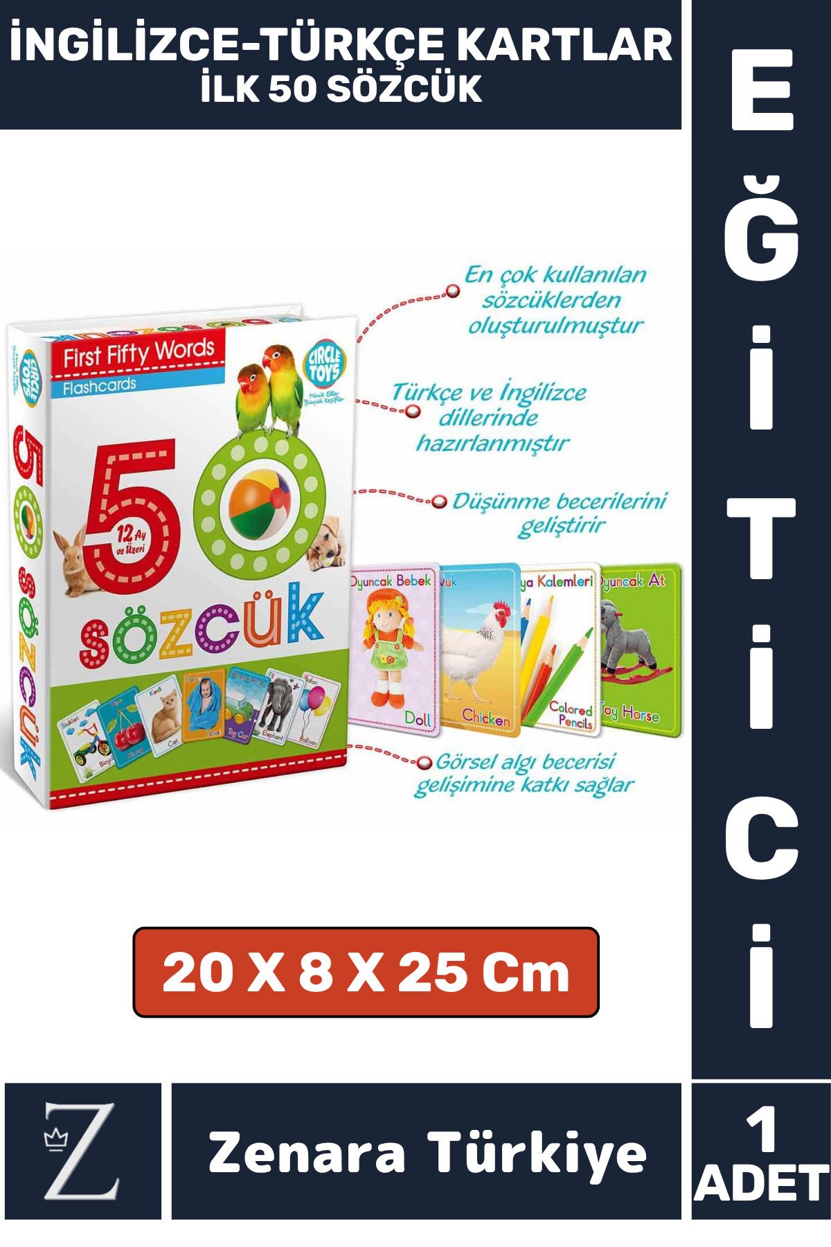 Zenara Çocuk Eğitici Zeka Geliştiren Yabancı Dil Öğretici Eğlenceli İNGİLİZCE TÜRKÇE KARTLAR- İLK 50 SÖZCÜK