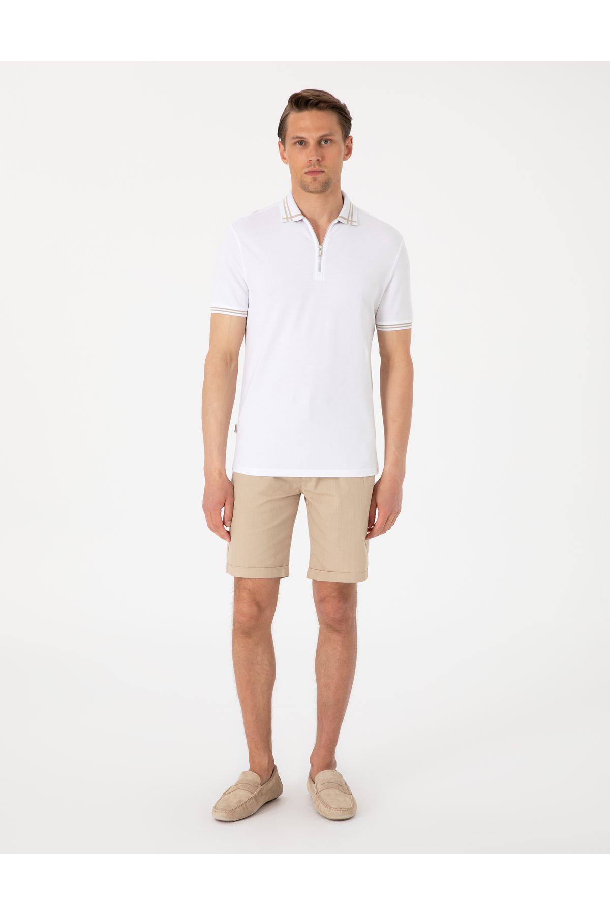 Pierre Cardin Bej Slim Fit Beli Lastikli Bağcıklı Dokuma Şort 50308148-VR011