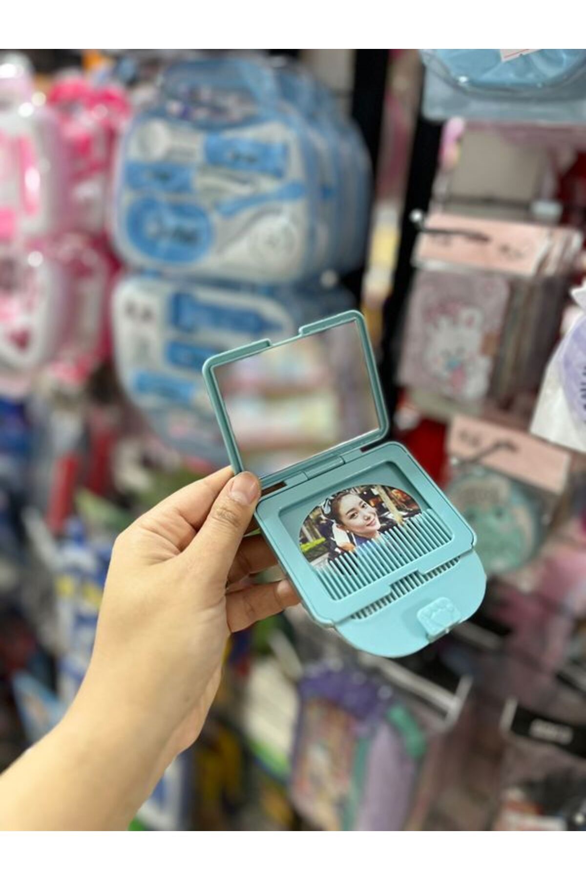 EyER Shoping Dikdörtgen Taşınabilir Makyaj Aynası Çanta Aynası Ve Taraklı Cep Aynası Kapaklı mavi