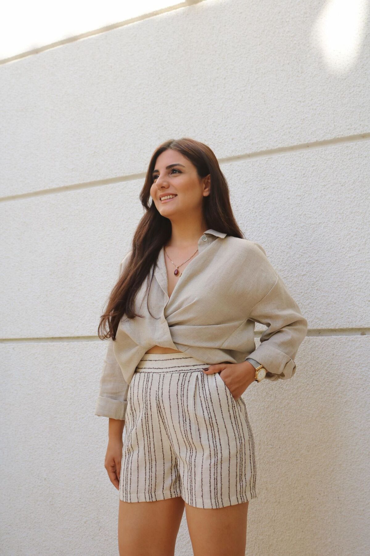 Fistan Byn Melisa Kahve Çizgili Keten Şort