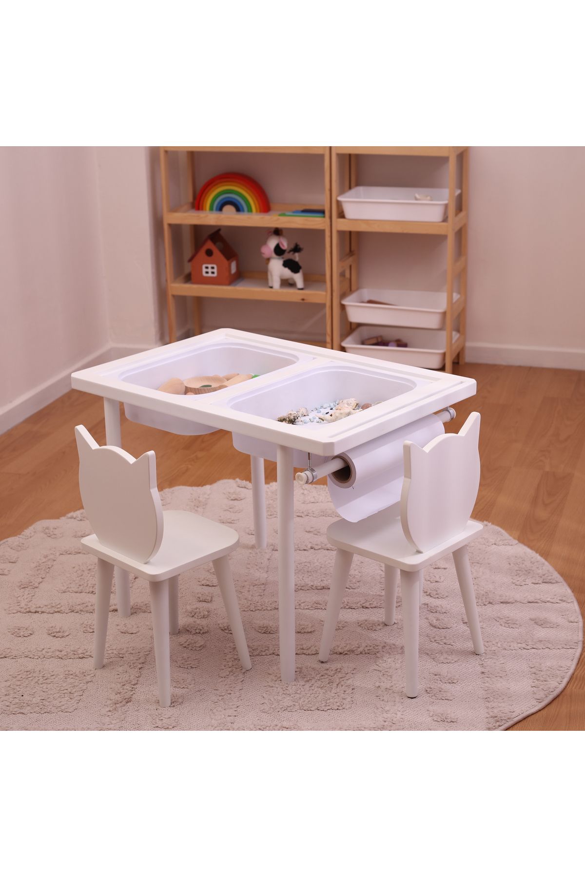 Monti Mania Montessori MDF Beyaz Aktivite Masası 2 Sepet Beyaz/Kara Tahtalı Rulo Kişiselleştirilebilir 2-6 Yaş