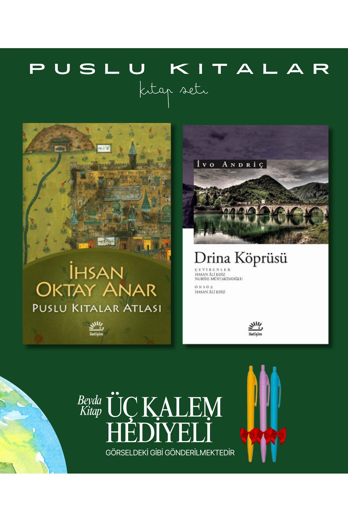 İletişim Yayınları Puslu Kıtalar Atlası - Drina Köprüsü - Kitap Seti - İhsan Oktay Anar - Kalem Hediyeli