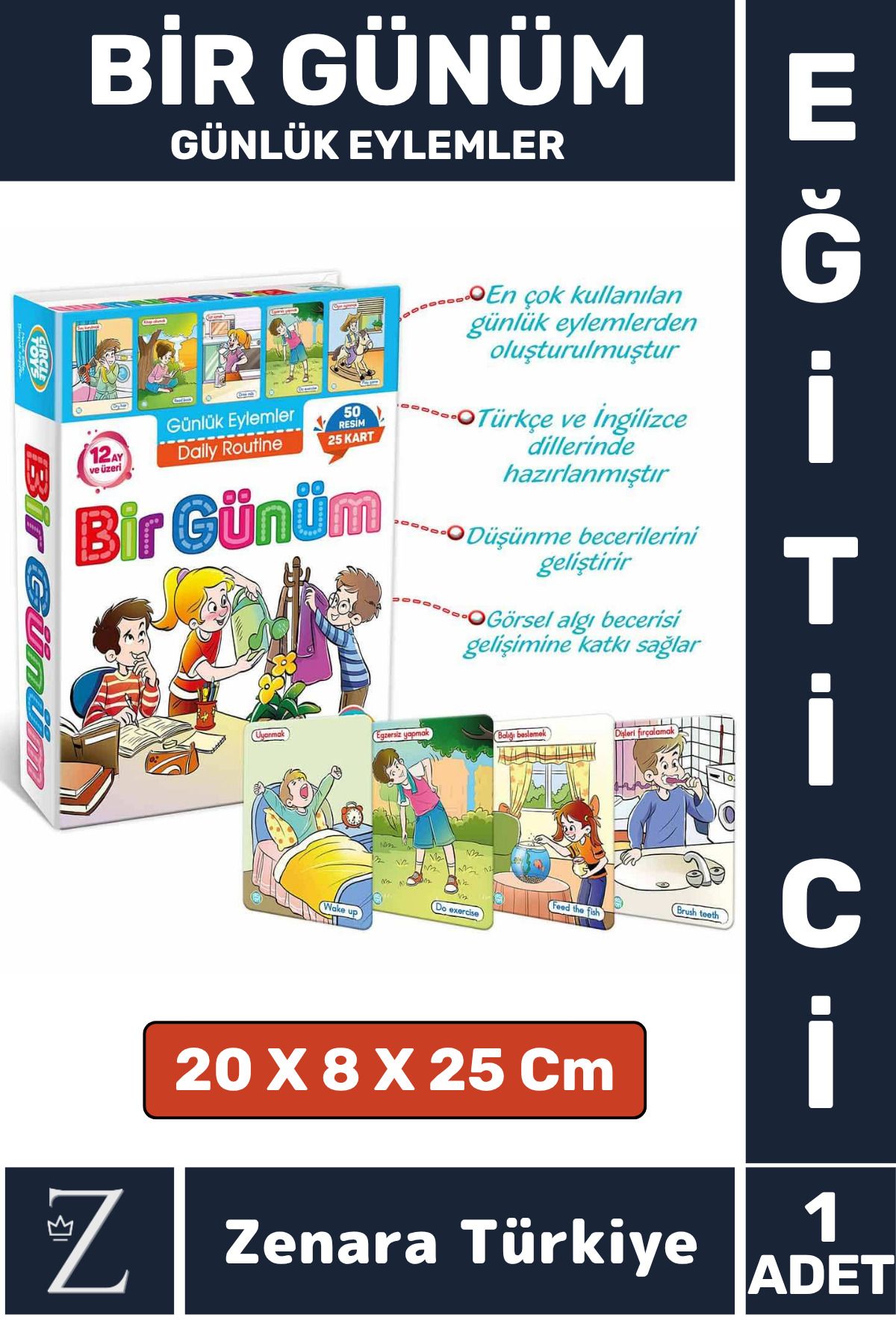 Zenara Çocuk Eğitici Zeka Dil Geliştiren Kişisel Gelişim Günlük Eylemler Resimli Aktivite Kartlar-BİR GÜNÜM