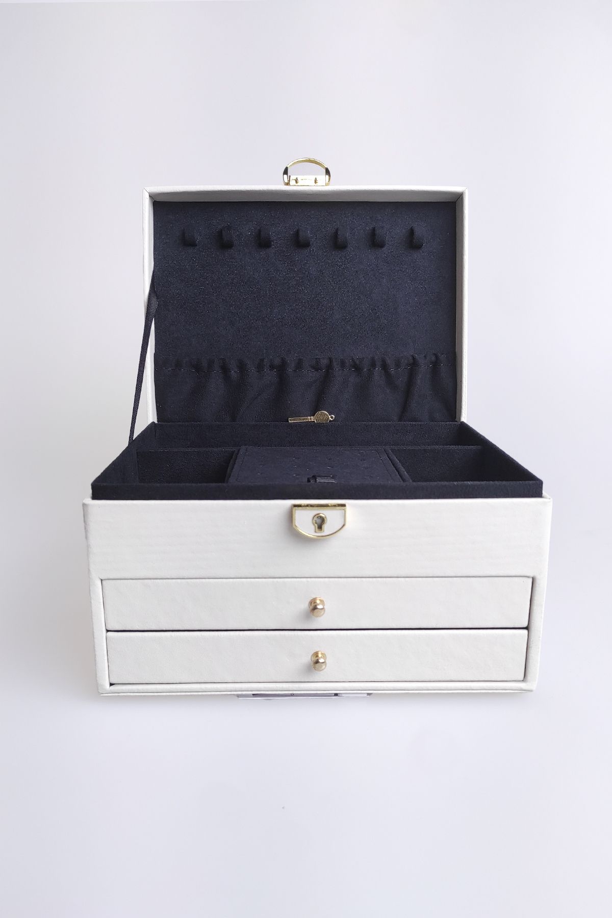 Ecrou-Κουτί κοσμημάτων με 2 συρτάρια Leather Look Locking Ecru 6