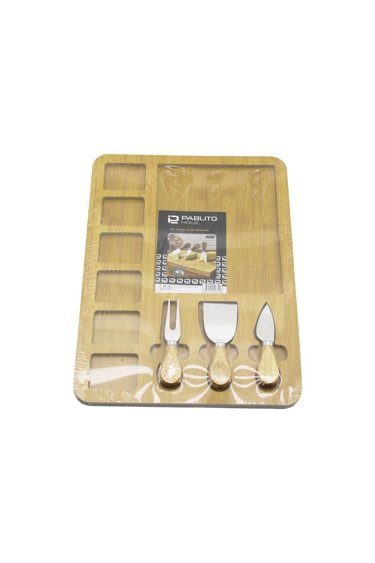 Emperium DİKDÖRTGEN 6+1 BÖLMELİ MDF KAHVALTI PEYNİR SUNUM PANOSU 3 BIÇAK=AHŞAP SAP 30X39.5CM (5122)