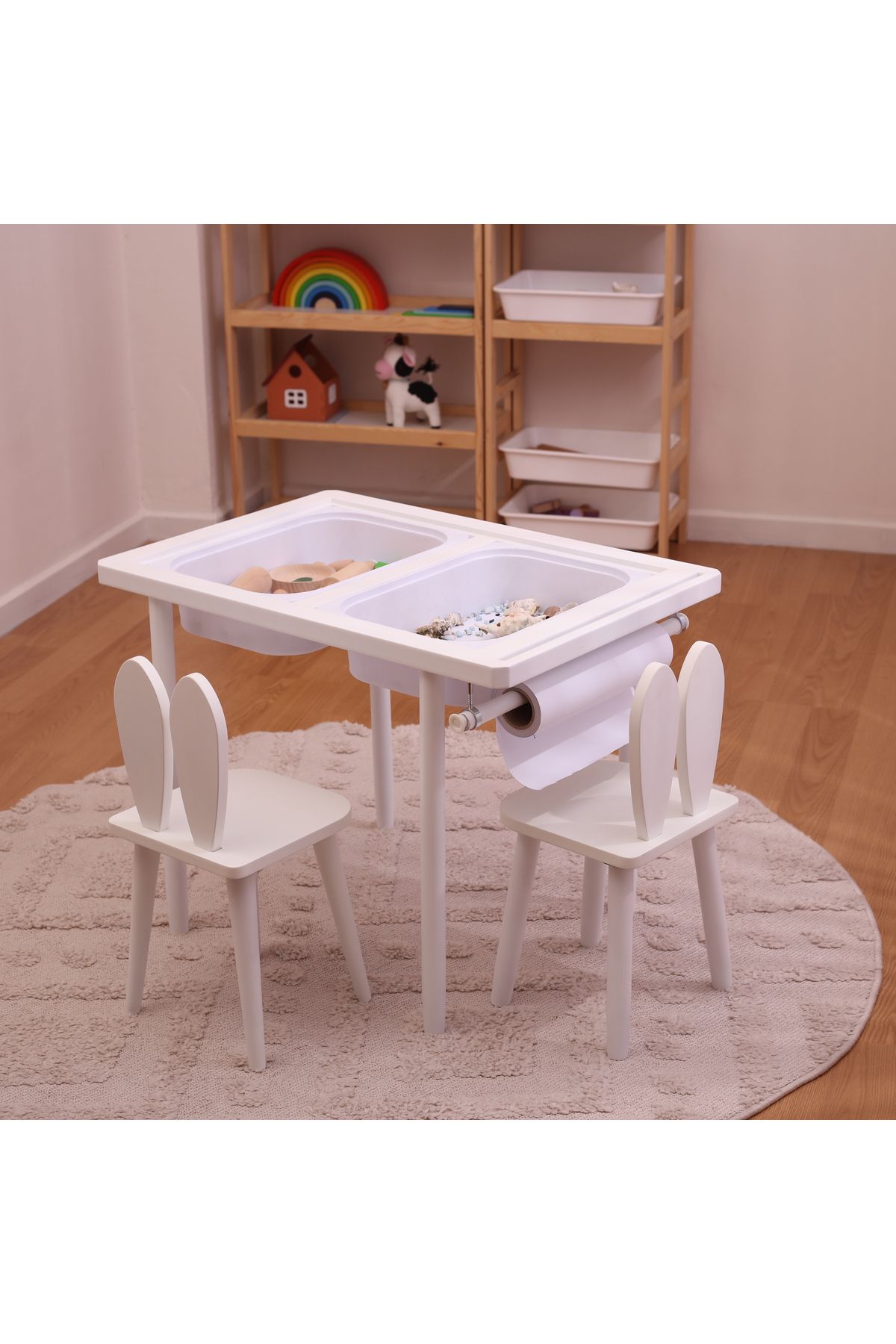 Monti Mania Montessori MDF Beyaz Aktivite Masası 2 Sepet Beyaz/Kara Tahtalı Rulo Kişiselleştirilebilir 2-6 Yaş