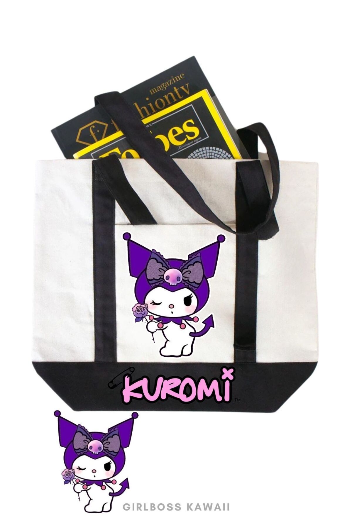 Girlboss Kawaii Girlboss Kuromi kanvas çanta ön cepli büyük boyut / alışveriş , spor , plaj