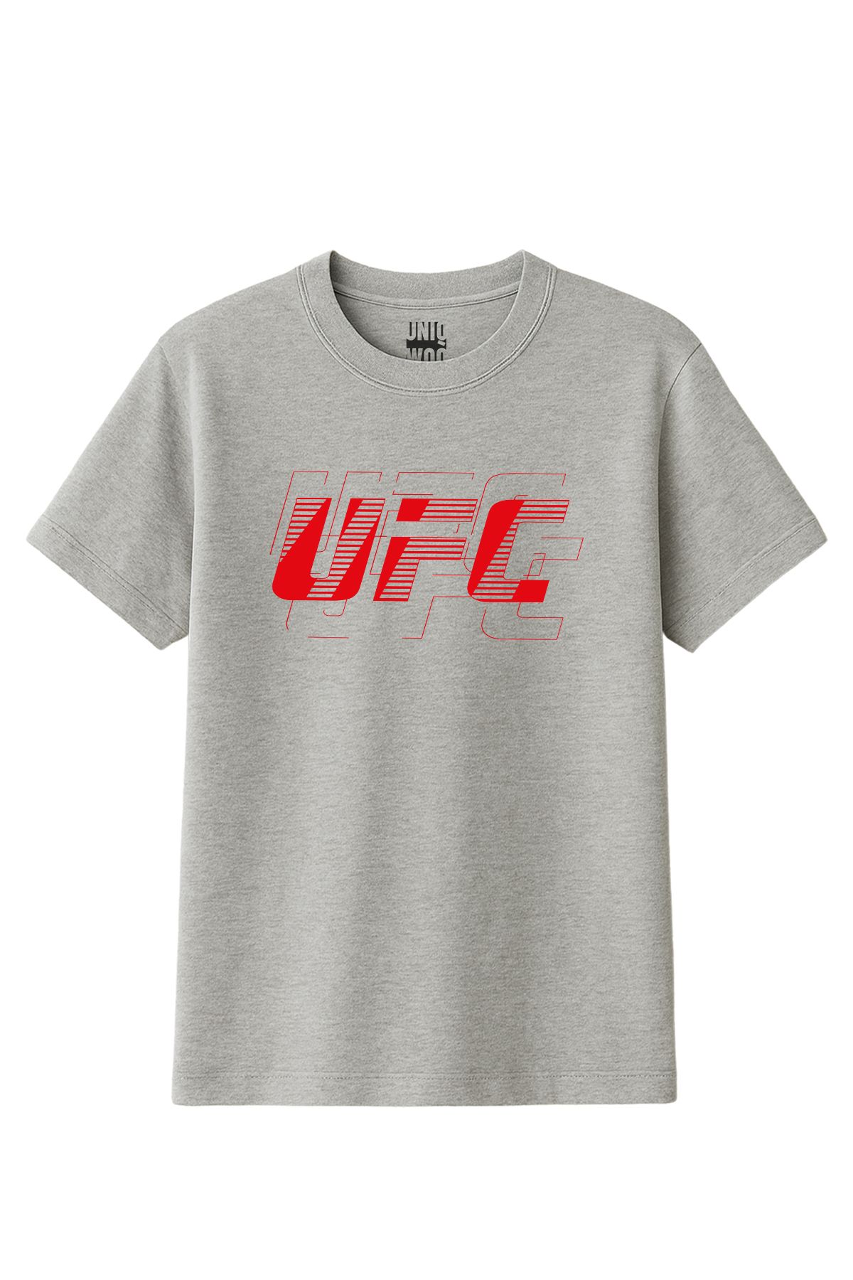 uniqwo Unisex UFC Baskılı Melanj Gri %100 Pamuk Premium Regular T-shirt
