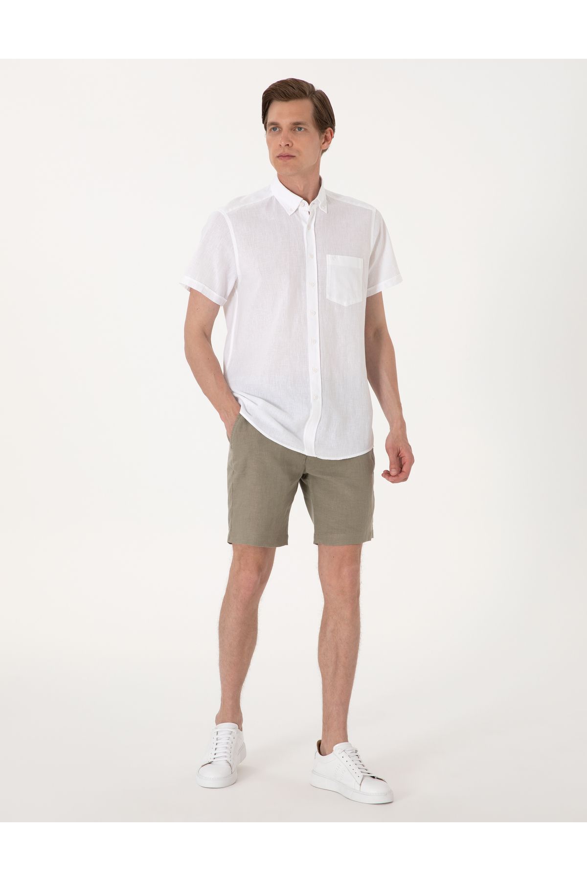 Pierre Cardin Haki Slim Fit %100 Keten Dokuma Şort 50301780-VR027