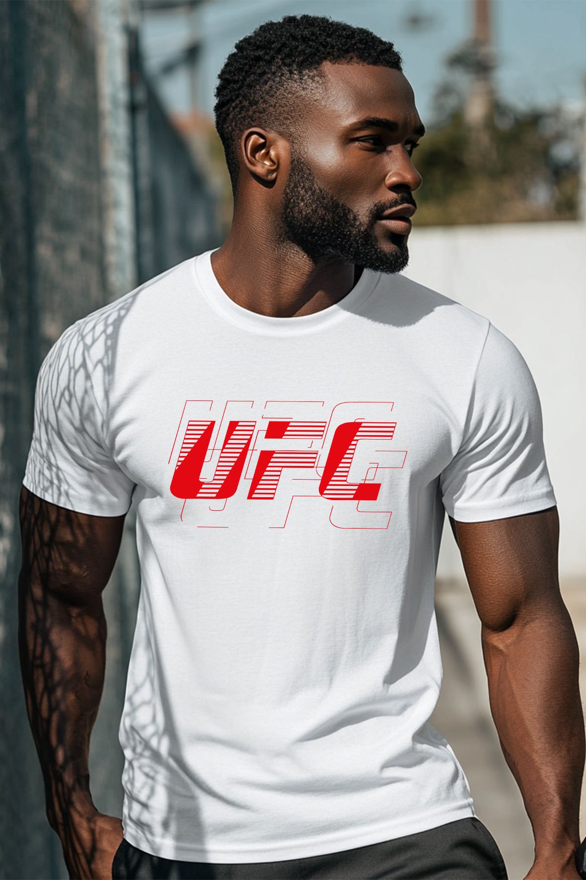 uniqwo Unisex UFC Baskılı Beyaz %100 Pamuk Premium Regular T-shirt