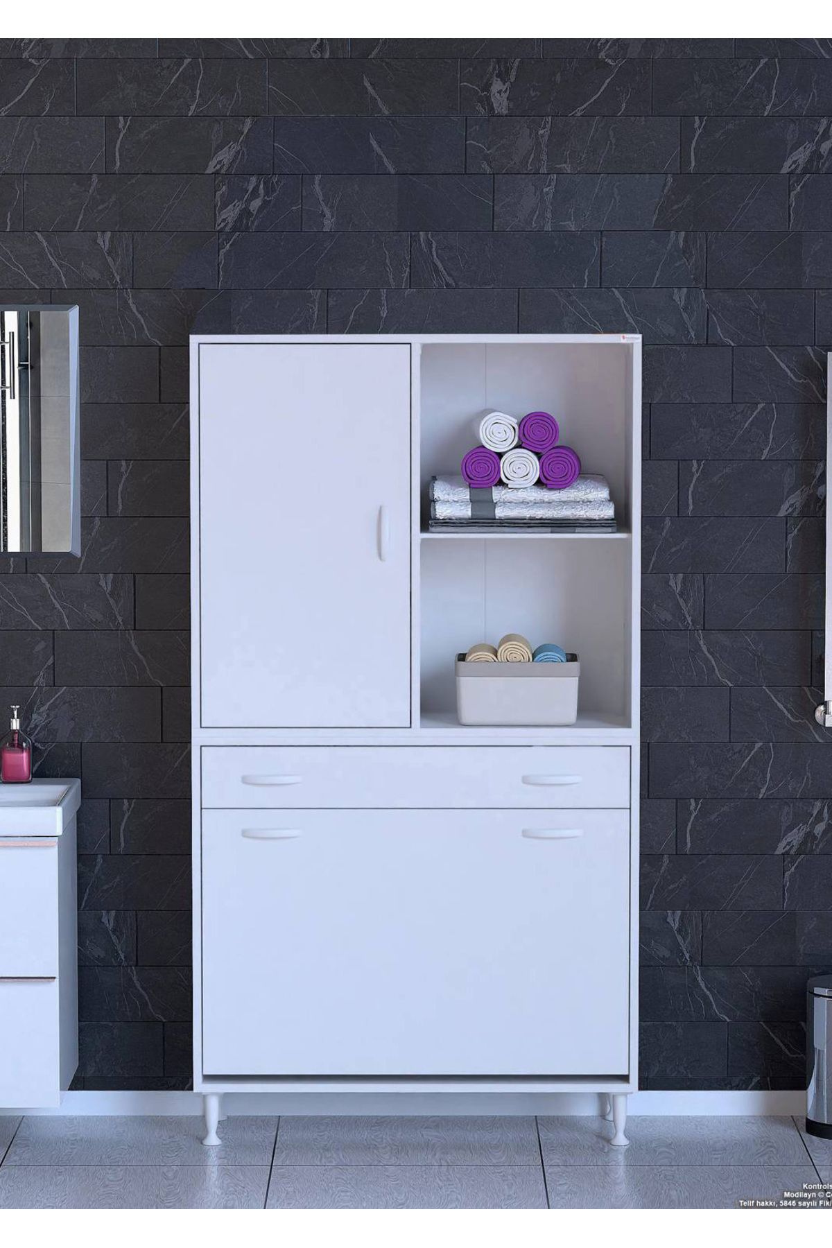 Modilayn 90x173x32,5cm 1 Çekmece, 3 Göz Sepet, 1 Kapak, 4 Raf Organizatör Mutfak Dolabı Çok Amaçlı Dolap