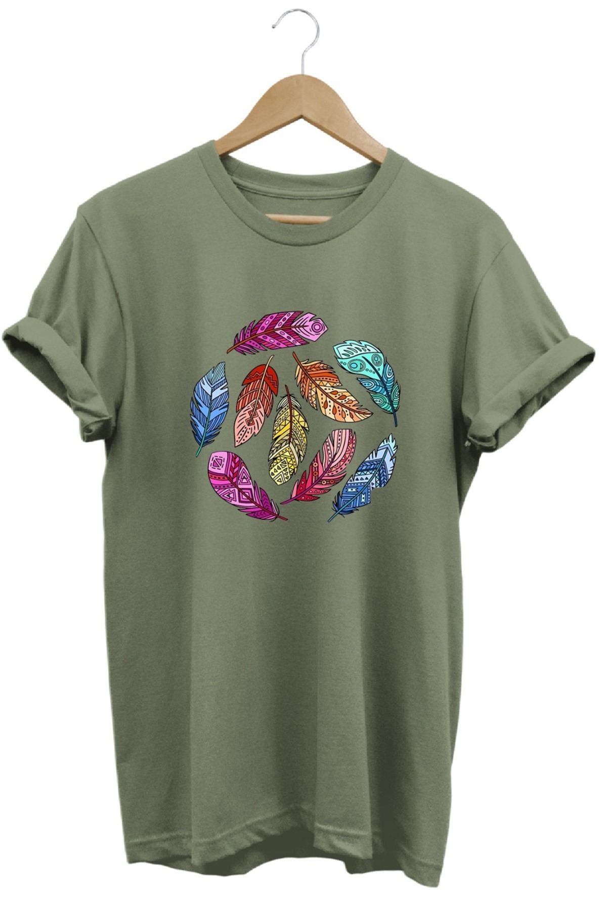joyyfashion Renkli Kuş Tüyü Baskılı T-Shirt