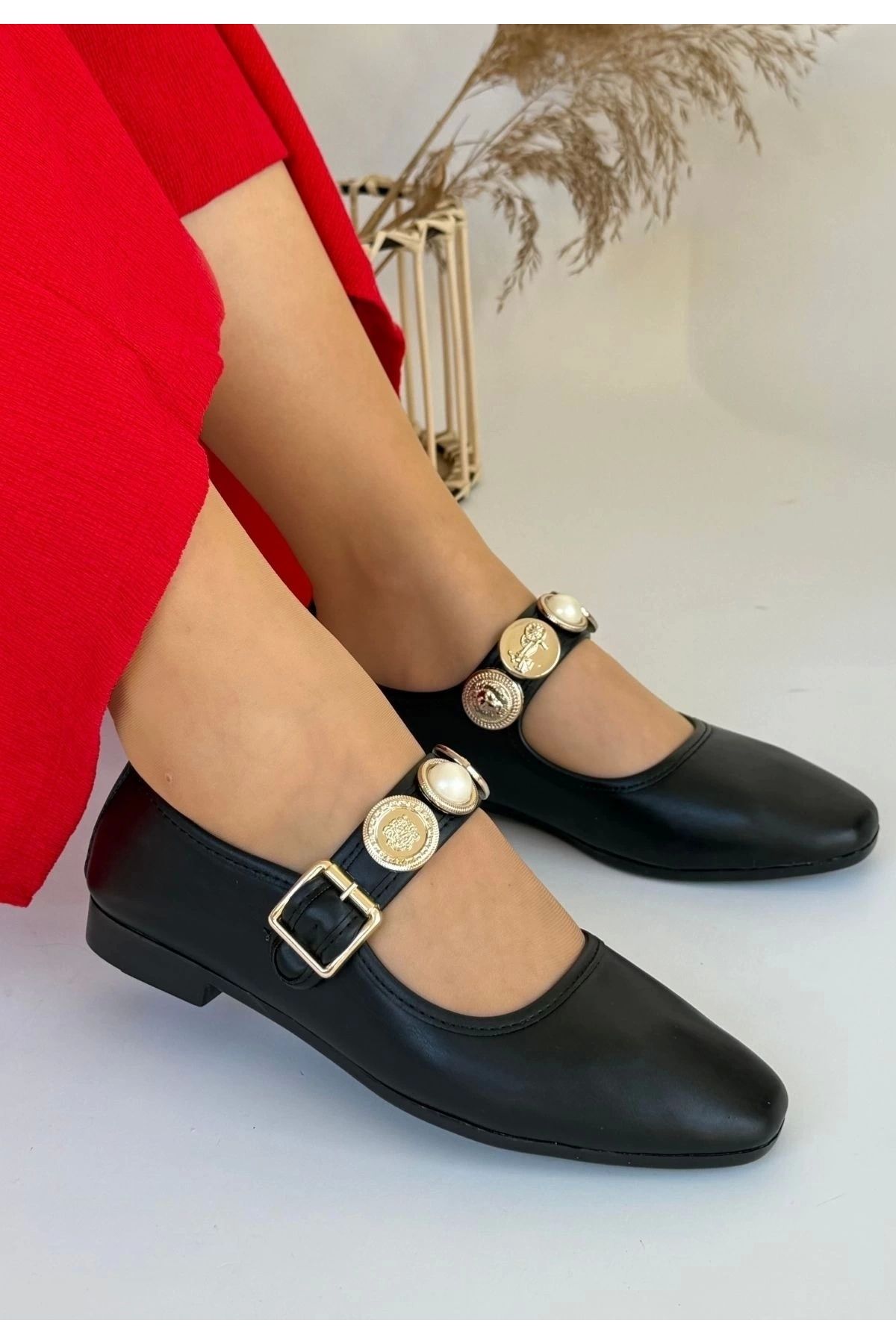 OurStyles Koope Siyah Cilt Babet Ayakkabı