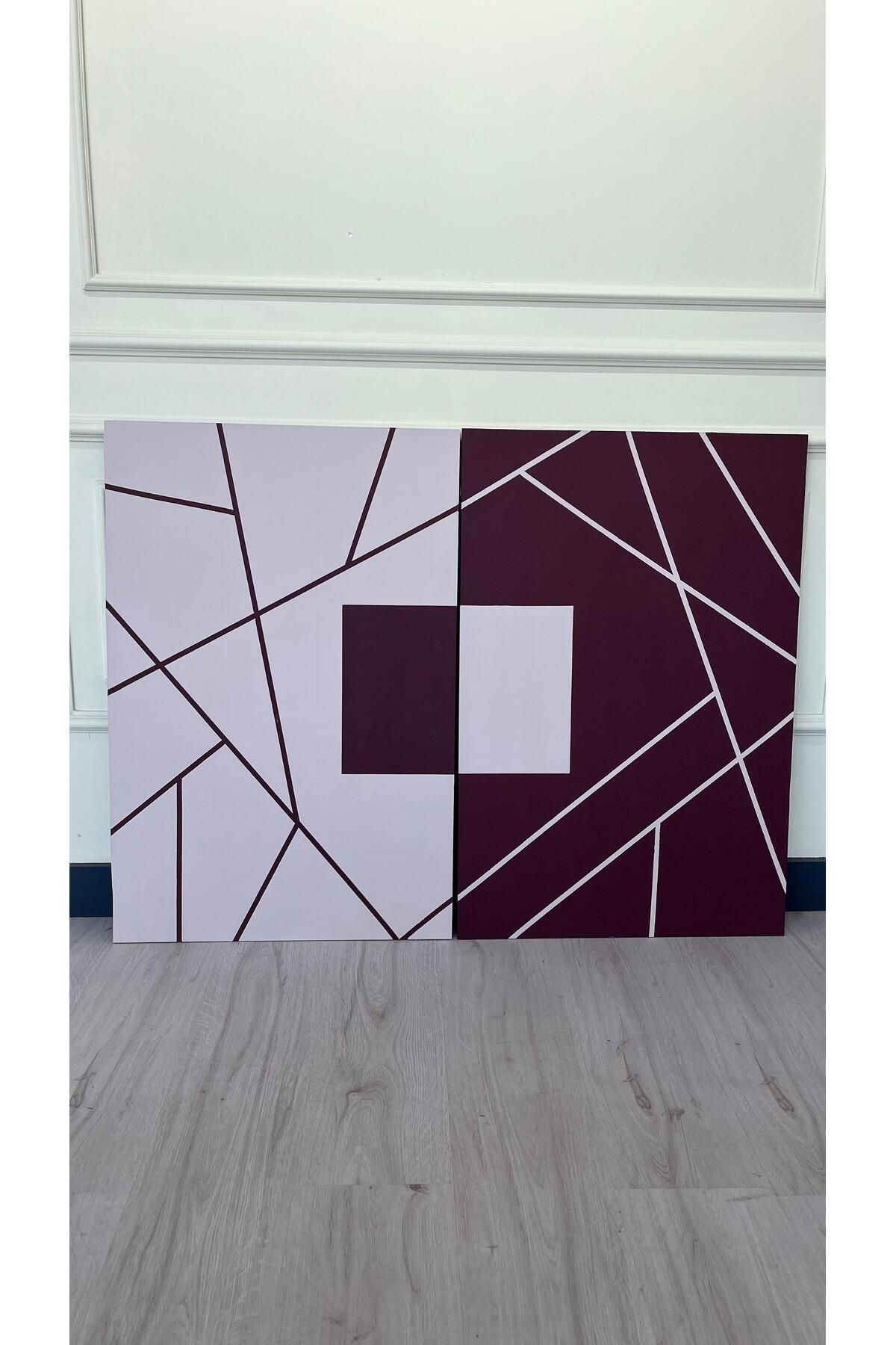 Modernizmo El Yapımı Ahşap Tablo–Geometrik Modern Duvar Dekoru Bordo & Krem Tasarım |60x90cm 2x| Nizmo Design