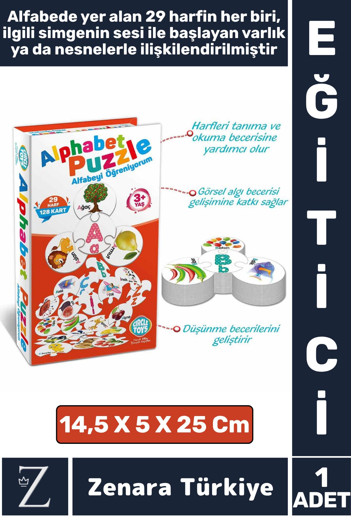 Zenara Çocuk Alfabe Dil Bilgisi Öğretici Zeka Geliştirici Parça Bütün İlişkisi Kurma 128Parça Puzzle-ALFABE