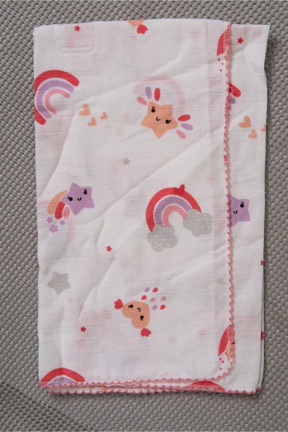 agugu Gökkuşağı ve Yıldız Desenli Müslin Battaniye Pembe