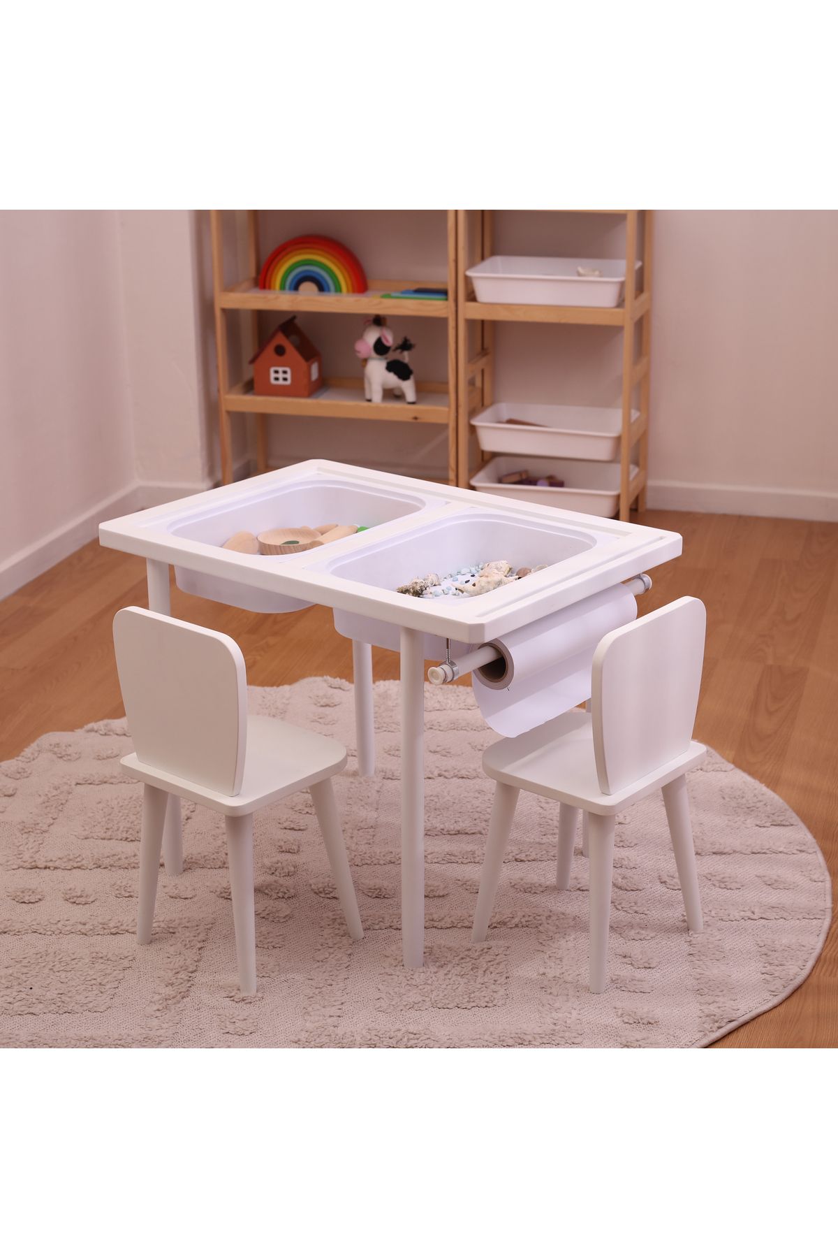 Monti Mania Montessori MDF Beyaz Aktivite Masası 2 Sepet Beyaz/Kara Tahtalı Rulo Kişiselleştirilebilir 2-6 Yaş