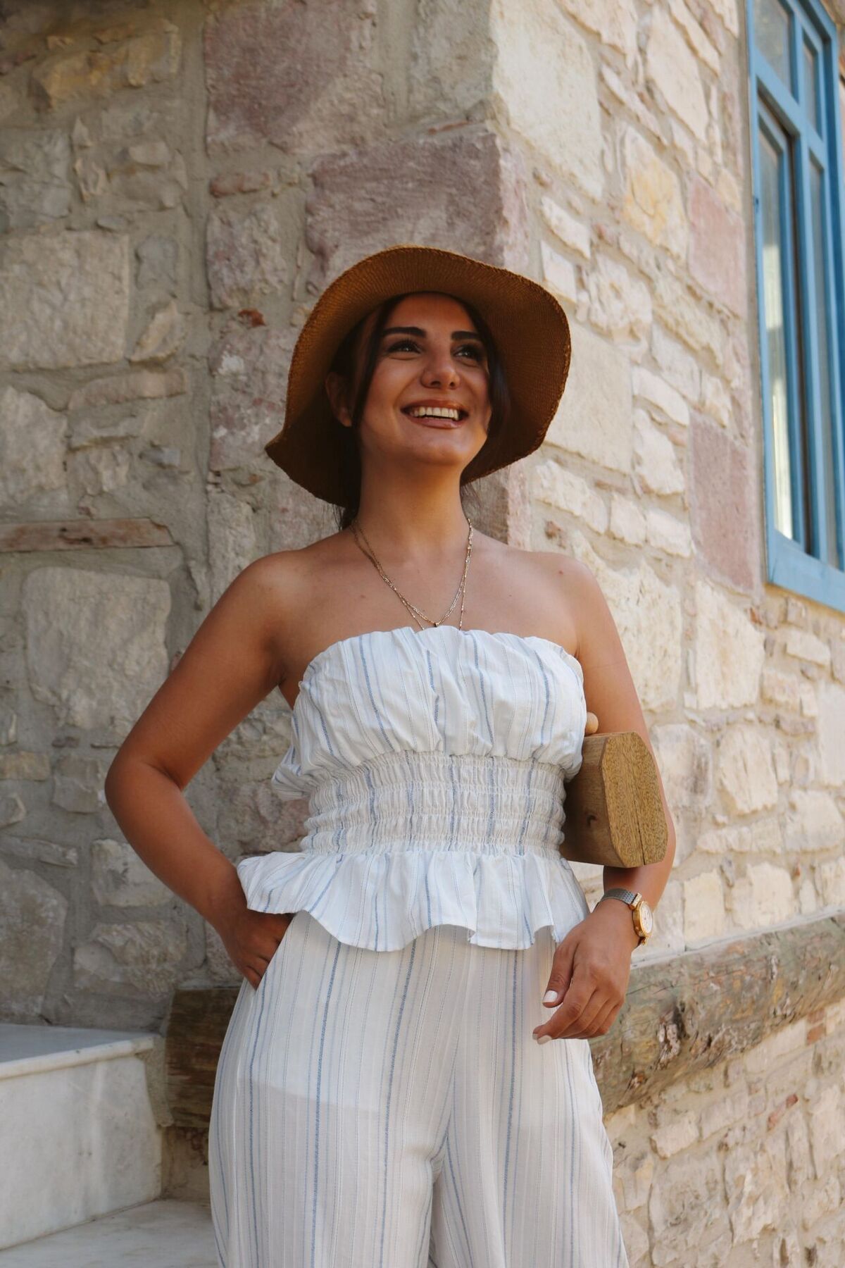 Fistan Byn Melisa Mavi Çizgili Lastikli Crop