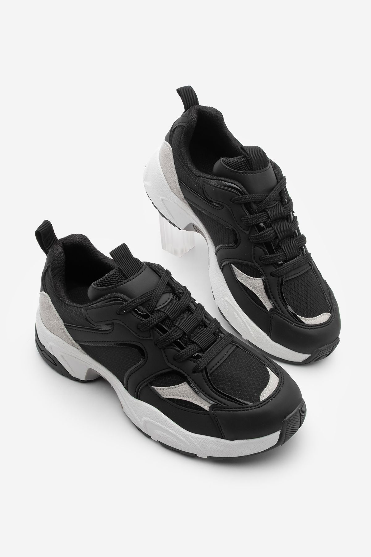 Marjin Kadın Sneaker Kalın Taban Bağcıklı Çok Parçalı Spor Ayakkabı Luser Siyah