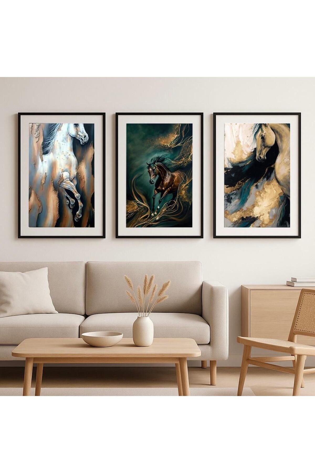 volo dekor Volo Tablo Siyah Doğal Ahşap Çerçeveli Soyut Sanat Tablo Seti Ev & Ofis Dekoru