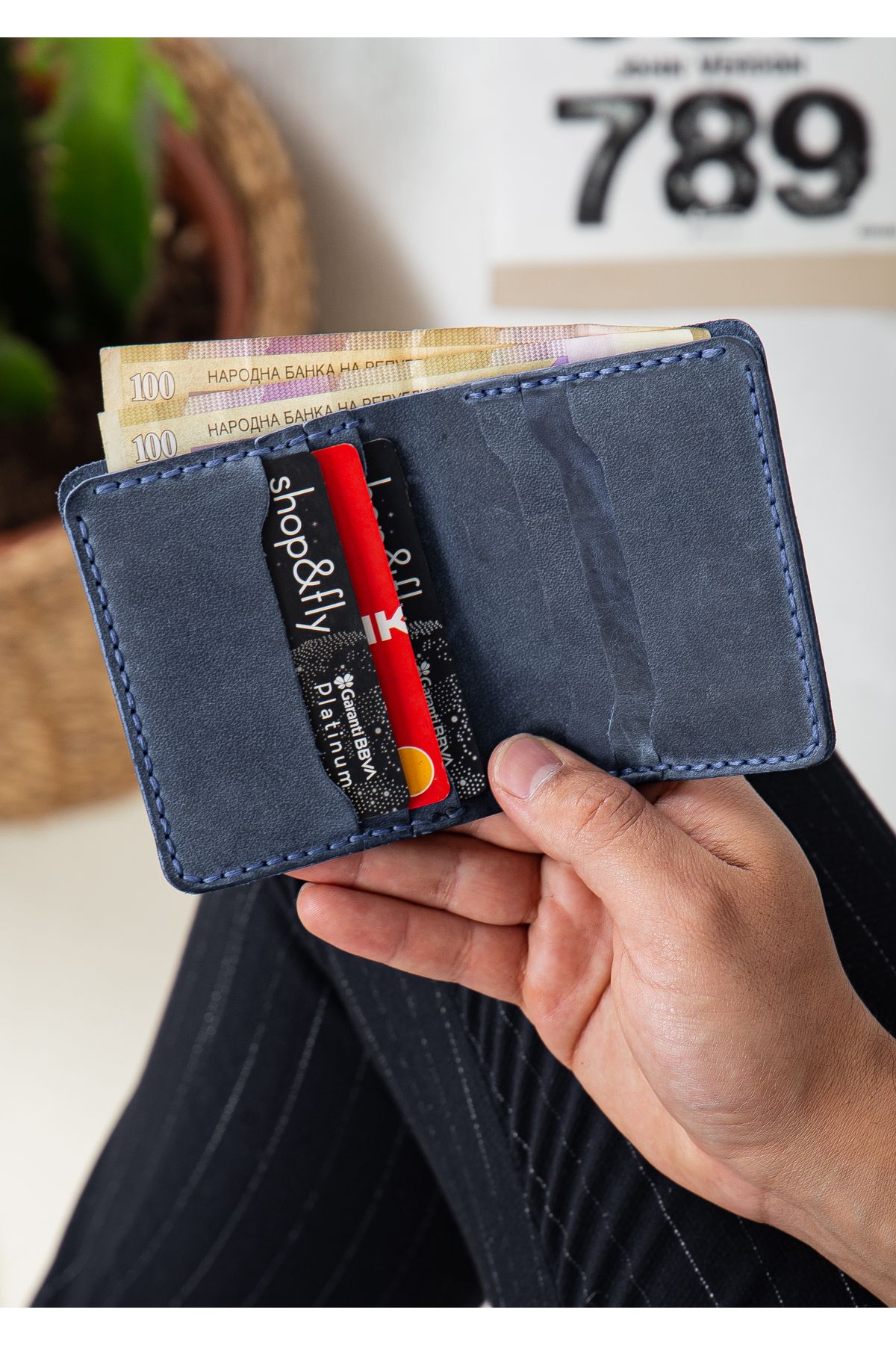Niki Leather Carlos El Yapımı Mavi Gerçek Deri Cüzdan Kartlık