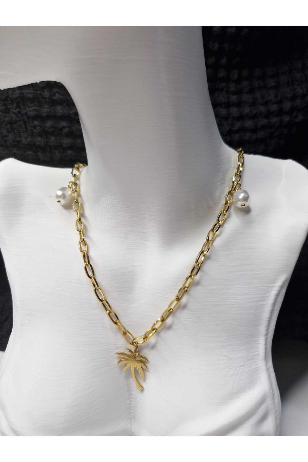 Palk Store Çelik İnci Detaylı Palmiye Zincir Kolye Gold