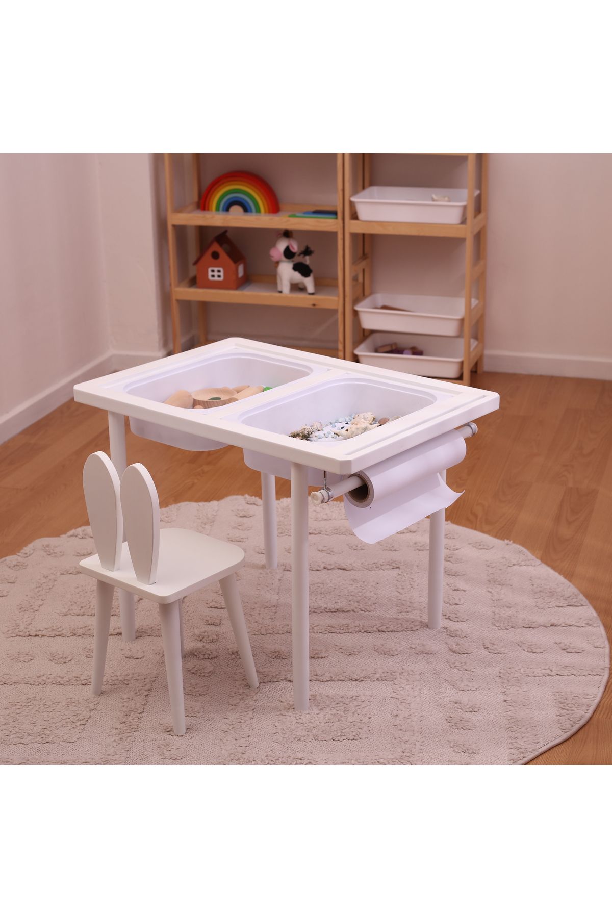Monti Mania Montessori MDF Beyaz Aktivite Masası 2 Sepet Beyaz/Kara Tahtalı Rulo Kişiselleştirilebilir 2-6 Yaş