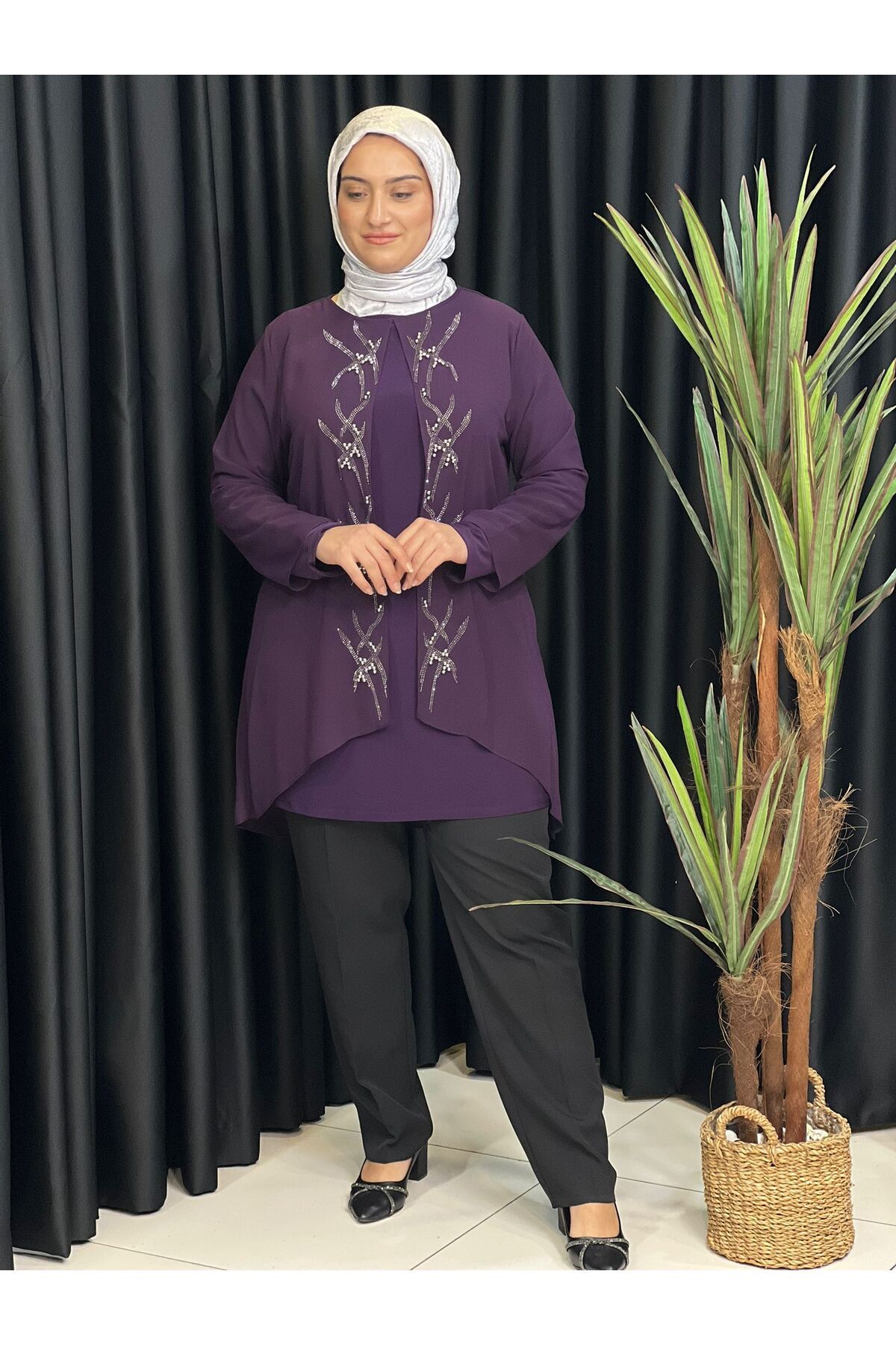 Butik büyük beden Önü Taşlı Şifon Tunik