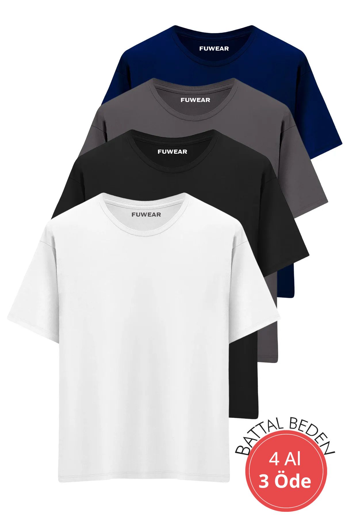 FUWEAR Büyük Battal Beden Premium Kalite Pamuklu T-Shirt 4 Adet Siyah, Beyaz, Gri ve Lacivert