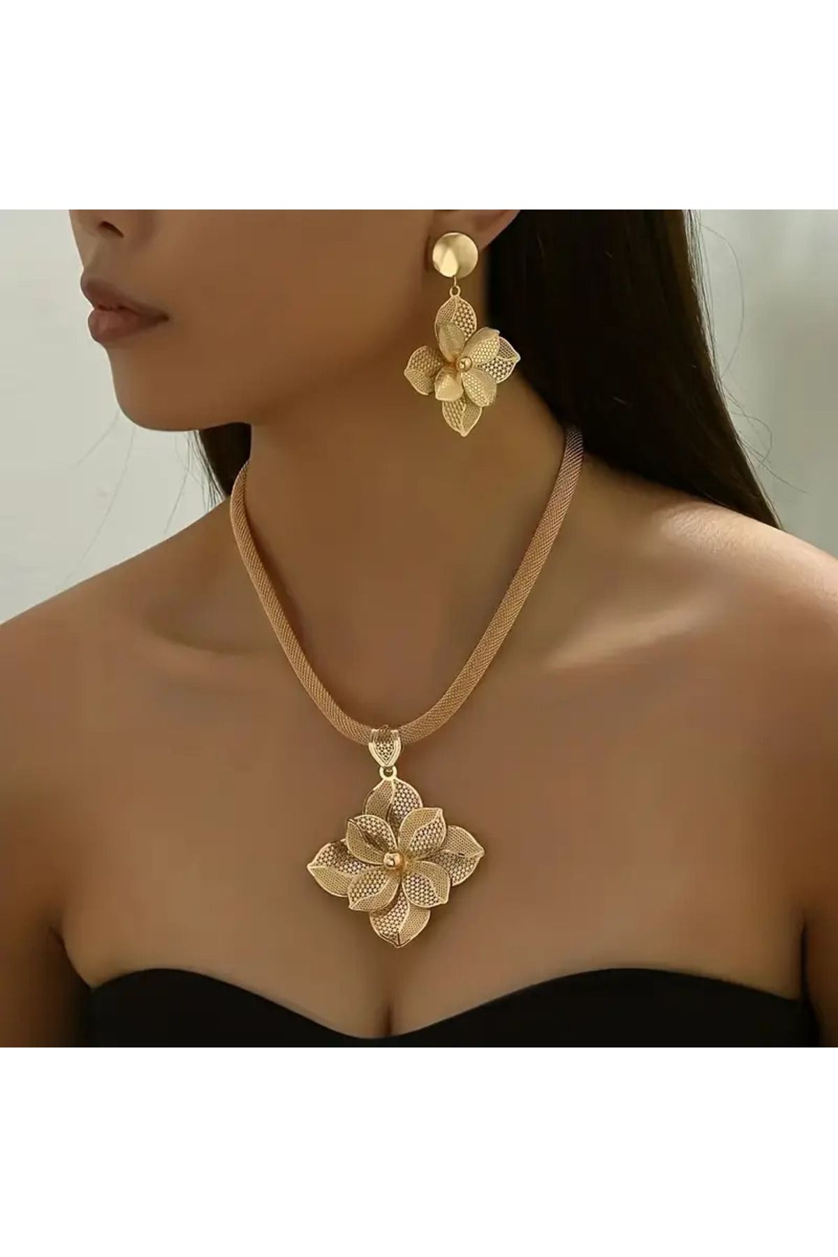begüm jewelery ÇİÇEK TASARIMLI KALIN ZİNCİRLİ TASARIM SET