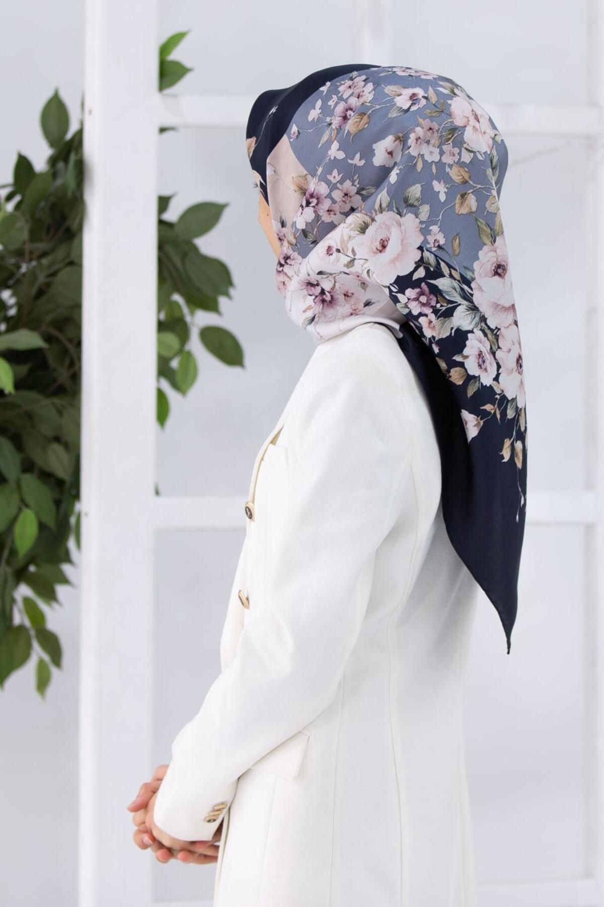 Vissona Twill İpek Eşarp Lacivert, Bej