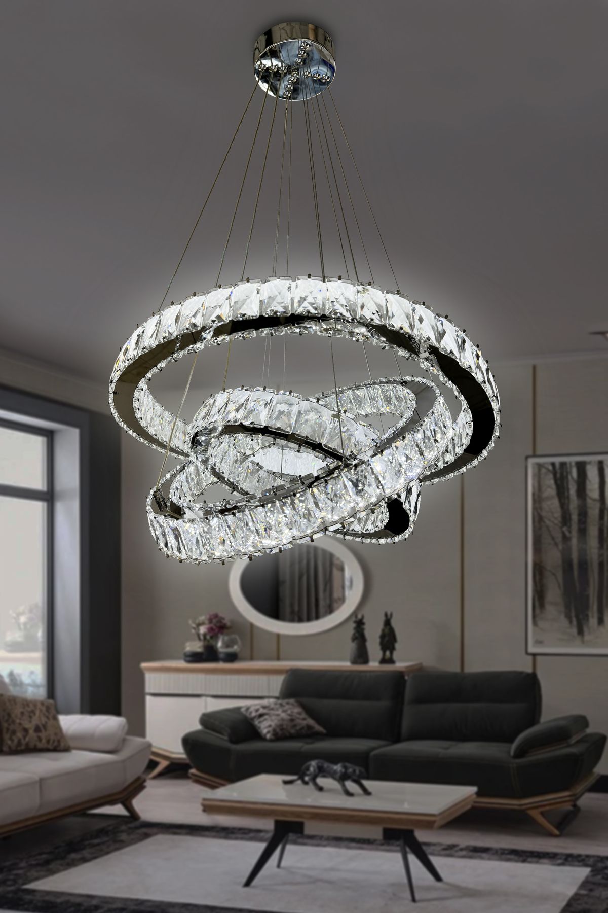 RSCOLLECTIONS Bestof 3 Katlı Daire Taşlı Ledli Modern Avize Kumandalı Krom