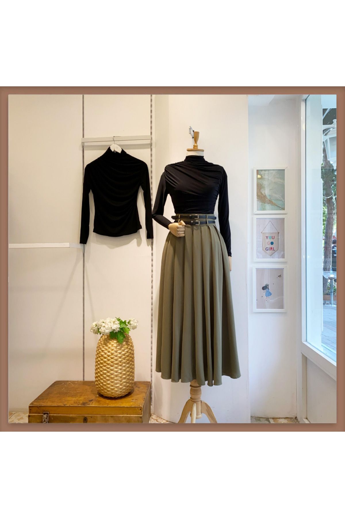 Faya Boutique Yeşil İki Kemerli Pileli Safe Etek