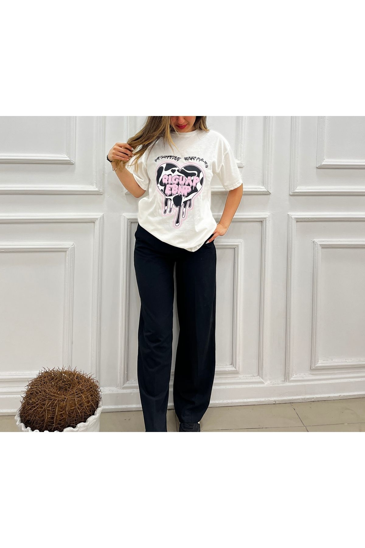 SheMy Oversize Ön Baskılı Kadın T-Shirt – Pamuklu Rahat Kalıp