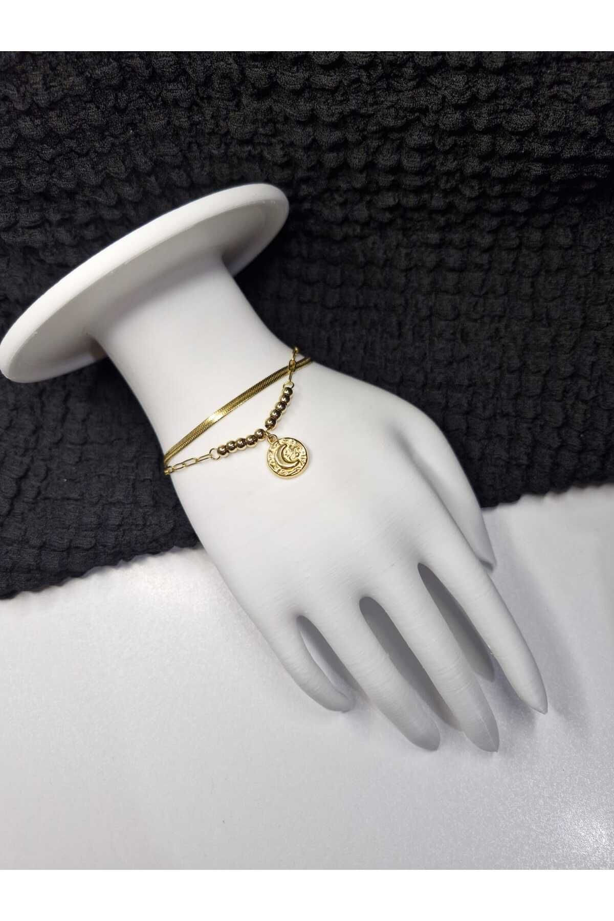 Palk Store Y2K Çelik Hilal Detaylı 2 Zincirli Bileklik Gold