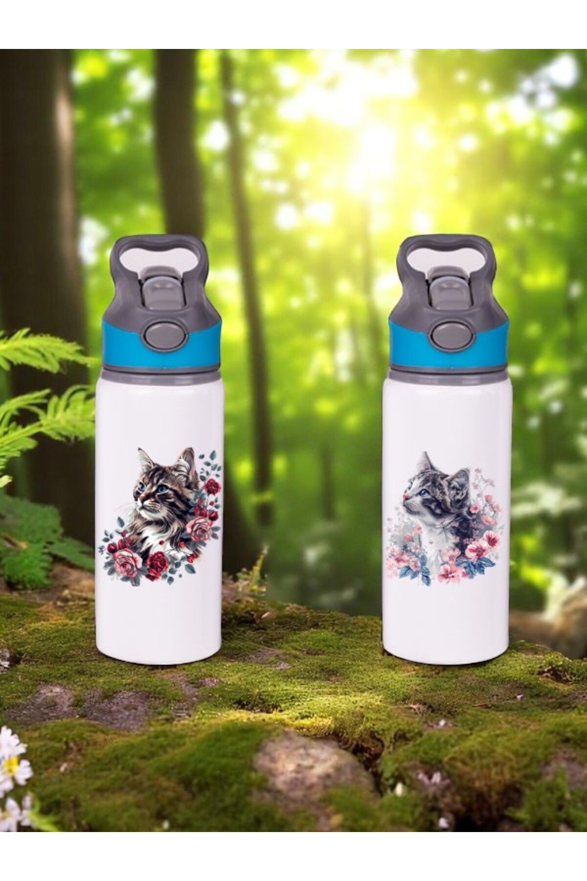 lili hediyelik Çiçekli Kedi Baskılı 2'li Pipetli Matara Suluk 650 ml