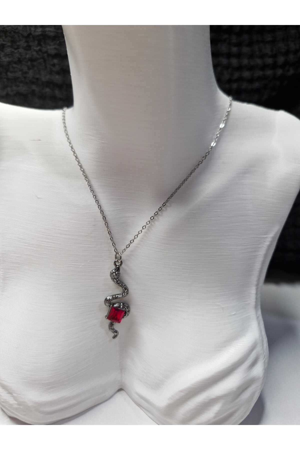 Palk Store Y2K Çelik Bordo Taşlı Yılan Kolye Gümüş